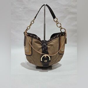 *SOLD* Coach Maggie Brass Studded Metallic Gold Suede & Brown Hobo Bag
